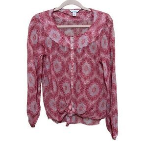 Sundance Tie Front Top 100% Silk Womens Large Red Medallion Floral Semi Sheer